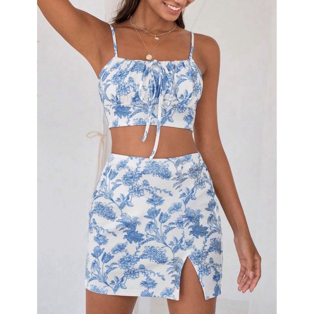 Floral Skirt Sleeveless Tie Straps Size M SHEIN VCAY Toile Blue White NWT